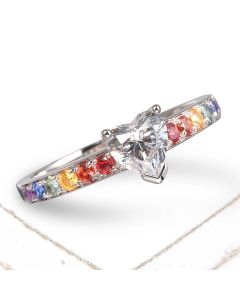 Romantic Heart Engagement Ring in Silver Rainbow Sapphire Band Black Sapphire Ace Ring
