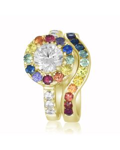 14K Yellow Gold BOLD HALO Wedding Ring Set O Girassol Sapphire Diamond Accent Sunflower & Cloud Inspired Le soleil